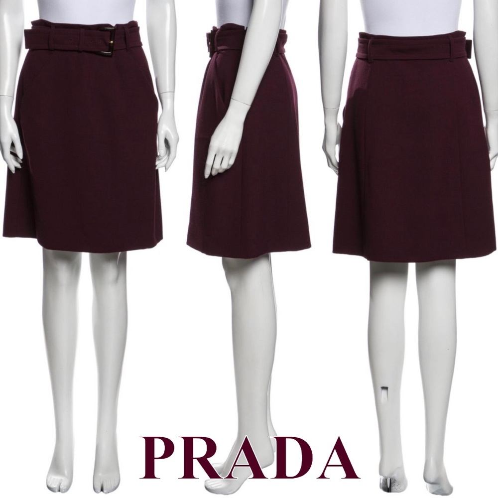 🚫SOLD🚫 Prada Burgundy Wool Belted A-line Skirt IT 42 EUC